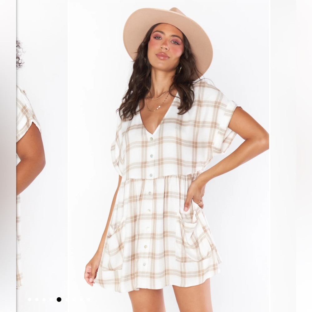 Show Me Your Mumu Odessa Cream Brown Plaid Mini Dress NWT